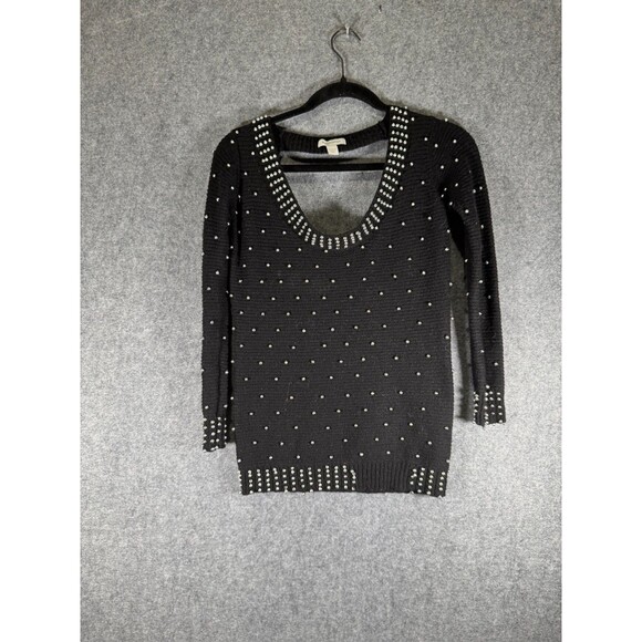 Boston Proper Sweater Women‎ XS Black Long Sleeve Knit Scoop Neck Jeweled Tunic - Picture 1 of 7